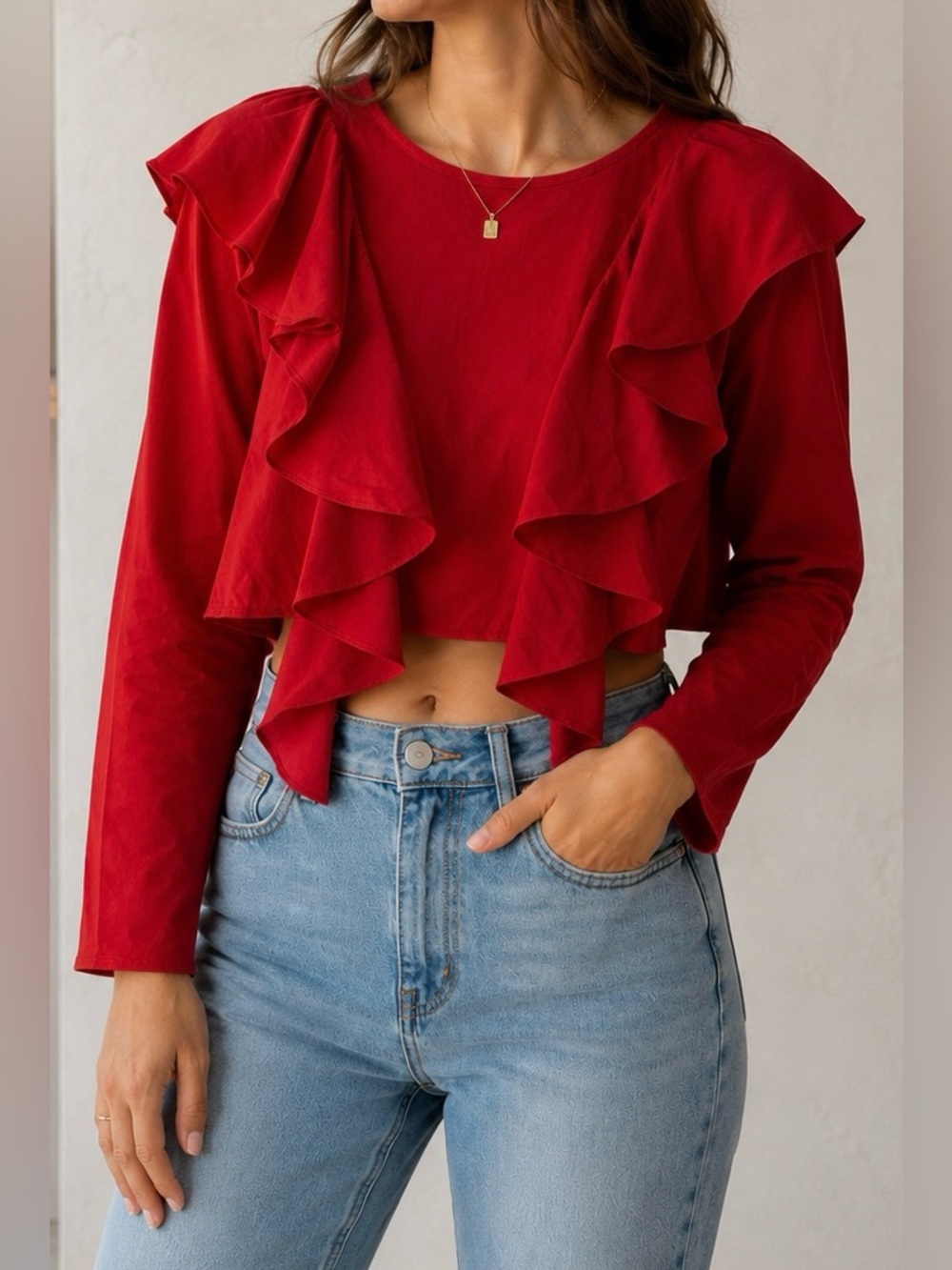 Milly Red Ruffle Cropped Backless Cotton Blouse - Size M